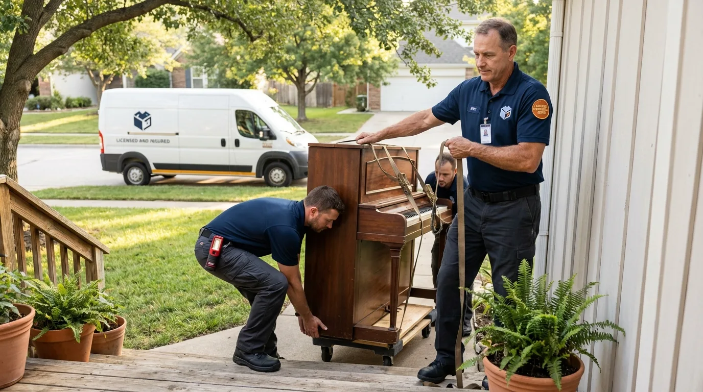 Licensed piano movers securing grand piano in Heber, CA