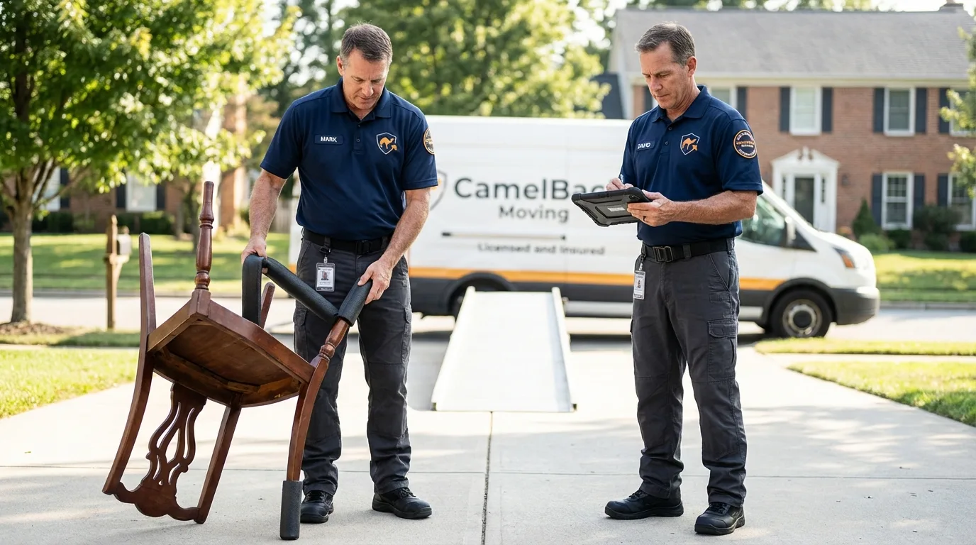 Movers inspecting furniture for damage prevention before loading in Heber, CA
