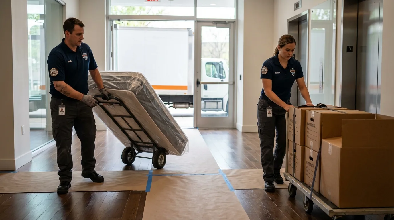 Professional apartment movers loading elevator in Heber, CA